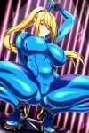  1girl ass_visible_through_thighs blonde_hair blue_bodysuit blue_eyes blush bodysuit bowlegged_pose breasts high_heels high_ponytail highres holding holding_pole impossible_bodysuit impossible_clothes large_breasts lindaroze long_hair looking_at_viewer metroid mole mole_under_mouth pole pole_dancing ponytail samus_aran shiny_clothes skin_tight smile solo spread_legs squatting stripper stripper_pole thighs zero_suit 
