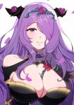  1girl armor black_armor breasts camilla_(fire_emblem) camilla_(resplendent)_(fire_emblem) cleavage fake_horns fire_emblem fire_emblem_fates fire_emblem_heroes gmais2514 hair_over_one_eye highres horns large_breasts official_alternate_costume purple_eyes purple_hair solo wavy_hair 