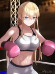  1girl absurdres bismarck_(kancolle) blonde_hair blue_eyes blush boxing_gloves breasts dangan_kurabu gloves highres kantai_collection large_breasts long_hair looking_to_the_side open_mouth pink_gloves short_shorts shorts solo sports_bra twitter_username white_sports_bra 