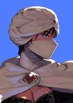  1boy absurdres black_hair blue_background blue_eyes cape earrings final_fantasy final_fantasy_ii highres jewelry looking_to_the_side male_focus mask minwu mouth_mask pectoral_cleavage pectorals short_hair simple_background solo tokumei_wombat turban upper_body white_cape white_mask white_turban 