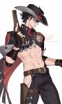  1boy artist_name bandaged_arm bandages belt belt_buckle black_gloves black_hair black_hat black_jacket black_pants blue_eyes boothill_(honkai:_star_rail) boothill_(honkai:_star_rail)_(cosplay) brown_belt buckle cape chain commentary_request cosplay cowboy cowboy_hat cowboy_shot crop_top cropped_jacket ear_piercing earrings fingerless_gloves genshin_impact gloves grey_hair hair_between_eyes hat highres hip_vent holster honkai:_star_rail honkai_(series) jacket jewelry looking_to_the_side male_focus multicolored_hair navel ojo_aa open_mouth pants parted_bangs piercing red_cape red_shirt scar scar_on_arm scar_on_cheek scar_on_face scar_on_neck shirt short_hair short_sleeves sleeve_cuffs solo standing stomach streaked_hair stud_earrings thigh_holster turtleneck twitter_username watermark wriothesley_(genshin_impact) zipper zipper_pull_tab 