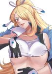  1girl arm_up black_gloves blonde_hair breasts clothes_lift collarbone cynthia_(pokemon) cynthia_(sygna_suit)_(aura)_(pokemon) fur_trim gloves grey_eyes hair_over_one_eye hair_ribbon high_ponytail highres kikyouta large_breasts lifted_by_self long_hair looking_at_viewer official_alternate_costume parted_lips pokemon pokemon_masters_ex ribbon shirt shirt_lift simple_background solo tongue underboob upper_body very_long_hair vest white_background white_shirt 