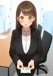  1girl :o black_suit blazer blurry blurry_background blush breasts brown_eyes brown_hair button_gap chair collared_shirt flying_sweatdrops highres jacket large_breasts long_hair long_sleeves looking_at_viewer office office_chair office_lady ol-chan_(ol_mahonanoka) ol_mahonanoka open_mouth original pencil_skirt reaching reaching_towards_viewer shirt skirt solo suit swept_bangs swivel_chair tareme white_shirt 