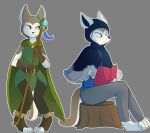 accessory anthro belt book bottomwear canid canine canis cloak clothing feathers female fluffy fluffy_tail footwear gloves green_clothing hair_accessory handwear hi_res hood kitsunekotaro leaf_clothing mammal pants river_(golddrake) shirt shy sitting solo staff tail toeless_footwear topwear tree_stump tunic wolf