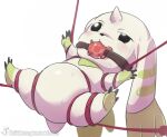  anthro ball_gag bandai_namco bdsm beady_eyes belly blush bodily_fluids bondage bound digimon digimon_(species) featureless_crotch fur gag horn long_ears male restraints rope rope_bondage shoru slightly_chubby solo suspended_in_midair sweat terriermon white_body white_fur 