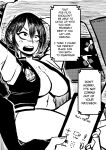  1girl body_freckles breasts car_interior cellphone cleavage commentary curvy ear_piercing earrings english_commentary english_text freckles gekikara_(tomboy-sama) greyscale highres holding holding_phone huge_breasts jewelry large_breasts monochrome multiple_earrings navel open_mouth original phone piercing pov ryona_(tomboy_sama) scar scar_on_face short_hair smartphone speech_bubble surprised teeth upper_teeth_only 