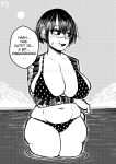  1girl belly bikini body_freckles breasts commentary curvy ear_piercing earrings english_commentary english_text freckles gekikara_(tomboy-sama) greyscale highres huge_breasts jewelry large_breasts monochrome multiple_earrings navel open_mouth original outdoors partially_submerged piercing polka_dot polka_dot_bikini pov ryona_(tomboy_sama) scar scar_on_face short_hair shoulder_tattoo speech_bubble swimsuit tattoo wavy_mouth 
