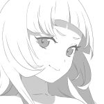  1girl blunt_bangs closed_mouth commentary_request floating_hair greyscale highres hololive light_blush long_hair looking_at_viewer magari_(c0rn3r) monochrome murasaki_shion portrait simple_background smile solo v-shaped_eyebrows virtual_youtuber 