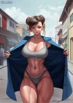  1girl 3boys abs averting_eyes blue_jacket breasts brown_eyes brown_hair chun-li closed_mouth clothes_writing collarbone copyright_name dated double_bun earrings elleciel.eud english_commentary exhibitionism flashing grey_panties grey_sports_bra hair_bun highleg highleg_panties highres jacket jewelry large_breasts multiple_boys navel open_clothes open_jacket open_mouth outdoors panties public_indecency road solo_focus sports_bra street street_fighter swept_bangs twitter_username underwear 