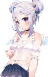  1girl ahoge amane_kanata amane_kanata_(7th_costume) angel_wings asymmetrical_hair black_choker black_skirt blue_hair blue_wings blush bow choker closed_mouth commentary double_bun expressionless feathered_wings flat_chest fragir gradient_wings grey_hair hair_bow hair_bun hair_ornament hairclip highres hololive lace lace_choker looking_at_viewer mini_wings miniskirt multicolored_hair multicolored_wings multiple_hair_bows official_alternate_costume pink_hair purple_eyes short_hair sidelocks simple_background single_hair_intake skirt solo star_(symbol) star_choker streaked_hair swimsuit upper_body virtual_youtuber wet wet_clothes white_background white_wings wings x_hair_ornament 