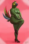 2019 anthro avian beak biped bird breasts clothing feathers footwear green_body hi_res high_heels modernroo nipples nude on_one_leg parrot red_background simple_background solo standing tail tail_feathers