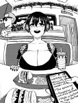  1girl 2boys body_freckles breasts burger cellphone cleavage commentary cup disposable_cup drinking_straw ear_piercing earrings english_commentary english_text food freckles french_fries gekikara_(tomboy-sama) greyscale highres holding holding_phone huge_breasts in-n-out_burger jewelry large_breasts monochrome multiple_boys multiple_earrings open_mouth original phone piercing pov ryona_(tomboy_sama) scar scar_on_face shoulder_tattoo smartphone tattoo teeth upper_teeth_only wanted 