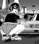  1girl aircraft ass body_freckles breasts can car cigarette commentary curvy cutoffs denim denim_shorts ear_piercing earrings english_commentary freckles gekikara_(tomboy-sama) greyscale hair_between_eyes helicopter highres holding holding_can holding_cigarette jewelry lamppost large_breasts looking_at_viewer monochrome motor_vehicle multiple_earrings new_balance open_mouth original outdoors piercing pov ryona_(tomboy_sama) scar scar_on_face shoes short_hair shorts shoulder_tattoo slav_squatting sneakers squatting tattoo toyota_soarer upper_body 