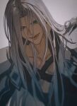  1boy acutecrane armor black_coat chest_strap chinese_commentary coat collarbone commentary_request evil_smile final_fantasy final_fantasy_vii final_fantasy_vii_remake green_eyes grey_background grey_hair high_collar highres leaning_forward long_bangs long_hair male_focus parted_bangs pauldrons sephiroth shoulder_armor slit_pupils smile tongue tongue_out upper_body 