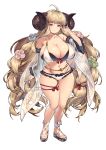  1girl anila_(granblue_fantasy) anila_(summer)_(granblue_fantasy) belly_chain bikini breasts commission covered_nipples curled_horns draph ge-b granblue_fantasy hair_ornament hair_ribbon highres hikimayu horns jewelry large_breasts layered_bikini leg_ribbon looking_at_viewer navel official_alternate_costume ribbon ribbon-trimmed_bikini sandals sheep_horns short_eyebrows simple_background smile solo swimsuit thick_eyebrows thigh_ribbon white_background white_bikini 