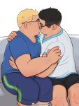  2boys artist_request bara blonde_hair closed_eyes facial_hair feet_out_of_frame from_side glasses hand_on_another&#039;s_shoulder highres male_focus mismatched_eyebrows multiple_boys original pectorals plump profile shirt short_hair shorts sideburns_stubble sparse_arm_hair stubble t-shirt thick_eyebrows yaoi 