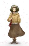  1girl arm_at_side bag blush bob_cut dark_skin falling_petals full_body holding holding_bag idolmaster idolmaster_cinderella_girls looking_at_viewer mole mole_under_eye oumi_mizu petals pleated_skirt red_bag shirt skirt smile solo sweater takagaki_kaede white_shirt yellow_sweater 