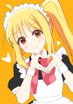  1girl :&gt; ahoge alternate_costume black_dress blonde_hair blush bocchi_the_rock! bow bowtie closed_mouth commentary detached_ahoge dress enmaided heart heart_hands highres ijichi_nijika kur0u looking_at_viewer maid maid_headdress orange_background polka_dot_bowtie puffy_short_sleeves puffy_sleeves red_bow red_bowtie red_eyes short_sleeves side_ponytail simple_background solo symbol-only_commentary upper_body white_headdress white_wristband 
