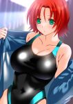  1girl boudica_(fate) breasts cleavage engo_(aquawatery) fate/grand_order fate_(series) green_eyes highres jacket large_breasts looking_at_viewer off_shoulder one-piece_swimsuit open_clothes open_jacket red_hair short_hair swimsuit thighs 