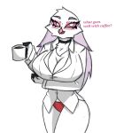  anthro beverage big_breasts blush breasts cleavage clothed clothing coffee female helluva_boss hi_res pace-maker small_waist solo stella_(helluva_boss) thick_thighs wide_hips 
