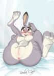 2020 anthro anus areola bed blush body_blush boobacafe breasts disney female furniture genitals hi_res holding_both_legs holding_legs_up innie_pussy judy_hopps lagomorph legs_up leporid long_ears looking_offscreen mammal multicolored_body nipples on_bed presenting presenting_anus presenting_pussy pussy pussy_blush rabbit spread_legs spreading two_tone_body zootopia