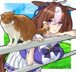  1girl :3 @_@ absurdres against_railing ahoge animal_ears blurry blurry_background border bow breasts cheesecake_(artist) closed_mouth commentary_request ear_ribbon hair_between_eyes highres horse_ears horse_girl horse_tail large_breasts meisho_doto_(umamusume) meto_(cat) multicolored_hair petticoat pleated_skirt puffy_short_sleeves puffy_sleeves purple_bow purple_eyes purple_ribbon purple_shirt railing ribbon school_uniform shirt short_hair short_sleeves skirt solo streaked_hair summer_uniform tail thighhighs tracen_school_uniform umamusume white_border white_hair white_skirt white_thighhighs 