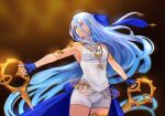  1girl alternate_costume azura_(fire_emblem) bare_shoulders blue_hair breasts dual_wielding final_fantasy final_fantasy_xiv fire_emblem fire_emblem_fates hair_between_eyes holding holding_weapon jewelry long_hair medium_breasts necklace open_mouth sethkiel shorts sideboob very_long_hair weapon white_shorts yellow_eyes 