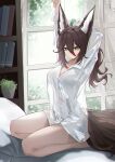  1girl absurdres animal_ears arm_up bed book bookshelf bracelet breasts brown_hair chromatic_aberration collarbone collared_shirt commentary_request fox_ears fox_girl fox_tail full_body green_eyes highres honkai:_star_rail honkai_(series) indoors jewelry large_breasts lilin_(pixiv_25958194) long_hair looking_at_viewer naked_shirt on_bed outline pillow plant potted_plant see-through see-through_shirt see-through_silhouette shirt sitting smile solo stretching sunlight tail tingyun_(honkai:_star_rail) wariza white_shirt window 
