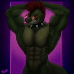 abs absurd_res alligator alligatorid animatronic anthro barazoku biceps black_sclera choker collar crocodilian eyewear five_nights_at_freddy&#039;s five_nights_at_freddy&#039;s:_security_breach flexing glasses glowing glowing_eyes green_body grin hair hands_behind_head hi_res jewelry machine male male/male mohawk muscular necklace nude pecs pink_background purple_background purple_eyewear purple_glasses red_eyes red_hair reptile robot scalie scottgames shaded signature simple_background smile solo spiked_collar spikes star_glasses steel_wool_studios tail teeth xeresarts