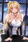  1girl black_choker black_sleeves blonde_hair blurry blurry_foreground breasts choker cleavage closed_mouth collarbone criss-cross_halter detached_sleeves dress fate_testarossa flower full_moon halterneck highres large_breasts leaning_forward long_hair long_sleeves looking_at_viewer lyrical_nanoha mahou_shoujo_lyrical_nanoha mahou_shoujo_lyrical_nanoha_strikers moon night red_eyes sky sleeveless sleeveless_dress sleeves_past_wrists smile solo sougetsu_izuki star_(sky) starry_sky upper_body very_long_hair white_dress white_flower 