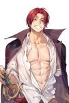 1boy abs black_jacket clenched_teeth collared_shirt dated facial_hair grin highres jacket jacket_on_shoulders jyukawa looking_at_viewer male_focus missing_limb navel one_piece open_clothes open_jacket red_eyes red_hair scar scar_across_eye shanks_(one_piece) shirt simple_background smile solo stubble sword teeth toned toned_male unbuttoned unbuttoned_shirt upper_body weapon white_background white_shirt 