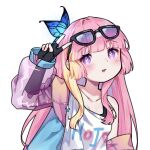  black_gloves blue_butterfly bug butterfly butterfly_in_eye eyewear_on_head fingerless_gloves glasses gloves highres hime_cut hojo_studio jacket light_blush long_hair lunaby multicolored_hair open_mouth purple_eyes rie_ccat third-party_source v virtual_youtuber 