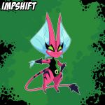alien anthro ben_10 black_background black_clothing blush cartoon_network clothing daemotusian eyelashes fangs female gloves green_background green_clothing green_eyes handwear happykaos hi_res hooves humanoid imp impshift omnitrix red_body simple_background smile solo stripes tail teeth thick_thighs