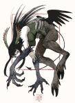  1girl animal_feet animal_hands artist_logo black_hair breasts chimera claws dated demon_tail english_commentary fancyrook feathered_wings full_body head_wings highres hooves long_hair looking_at_viewer low_wings medium_breasts monster_girl original red_eyes tail wings yellow_background 
