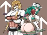  2girls abs arrancar ass bleach bleach:_sennen_kessen-hen blonde_hair blue_eyes bone breasts dark-skinned_female dark_skin facial_mark green_eyes green_hair hair_between_eyes holding holding_sword holding_weapon hollow_(bleach) horns huge_ass huge_breasts large_breasts long_hair mask multiple_girls navel nelliel_tu_odelschwanck rearing revealing_clothes sheath sheathed short_hair skull skull_mask skull_on_head smile soyuz001 sword tan teeth tier_harribel toned toned_female underboob weapon 