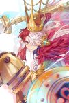  1girl armor cape chromatic_aberration clenched_teeth crown frilled_shirt frills fur_cape gold_armor gold_crown hair_over_one_eye highres holding holding_polearm holding_weapon jyukawa lance long_hair looking_at_viewer multicolored_hair one_piece polearm purple_eyes red_cape red_hair shield shirt solo split-color_hair teeth two-tone_hair uta_(one_piece) weapon white_hair white_shirt 