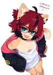  2024 aeiou_(yoako) ahoge anthro breasts cleavage clothed clothing dialogue digital_media_(artwork) domestic_cat down_blouse english_text eyewear felid feline felis female female_anthro fur glasses hair hands_on_hips hi_res high-angle_view jacket kemono looking_at_viewer mammal multicolored_body multicolored_fur multicolored_hair off_shoulder open_mouth piercing pink_nose sharp_teeth shirt short_hair small_breasts solo tail talking_to_viewer tank_top teeth text topwear wearing_glasses yoako 