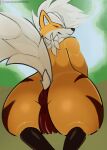  abzollozdol anthro arcanine butt clothing female generation_1_pokemon genitals grass hi_res legwear looking_at_viewer looking_back nintendo nude plant pokemon pokemon_(species) presenting presenting_hindquarters presenting_pussy pussy sitting solo solo_focus stockings 