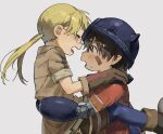  1boy 1girl android blonde_hair blush brown_eyes brown_gloves brown_hair brown_shirt brown_shorts closed_eyes collar damaged facial_mark facial_tattoo fake_horns from_side full_body glasses gloves hair_between_eyes helmet highres horned_helmet horns hug long_hair looking_at_viewer made_in_abyss maido_(gokujohoureisen) mechanical_arms metal_collar open_mouth pointy_ears red_shirt regu_(made_in_abyss) riko_(made_in_abyss) robot shirt shorts simple_background standing sweat sweatdrop tattoo twintails upper_body water_drop white_background 