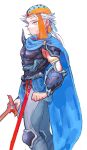  1boy arm_at_side armor blue_cape cape earrings final_fantasy final_fantasy_ii firion head_scarf highres holding holding_sword holding_weapon jewelry long_hair male_focus orange_eyes orange_scarf parted_lips scarf simple_background solo sword tokumei_wombat weapon white_background white_hair 