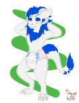 2024 abuniverse ageplay anthro blue_body blue_eyes blue_fur blue_sclera bunnyhopps bunnyhopps_(diaper) clean_diaper clothed clothing diaper diaper_only fur hi_res horn infantilism lunathecute male no_pupils pseudo_hair roleplay signature snubby solo suggestive_pose topless wickerbeast