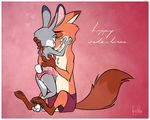  &lt;3 2017 artbirchly_(artist) bra canine clothed clothing disney english_text female fox fur green_eyes hug judy_hopps lagomorph male mammal nick_wilde purple_eyes rabbit simple_background text underwear zootopia 