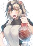  anger_vein apron blonde_hair blush bow breasts chocolate chocolate_heart english fate/grand_order fate_(series) flying_sweatdrops g.t gift_bag heart helmet incoming_gift jeanne_d'arc_(alter)_(fate) jeanne_d'arc_(fate)_(all) long_hair looking_at_viewer medium_breasts red_bow solo teeth yellow_eyes 