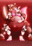  2016 3_toes 4_fingers animatronic anthro belly big_belly brown_fur canine claws colored_nails duo fan_character female five_nights_at_freddy&#039;s fox funtime_foxy_(fnaf) fur hand_on_stomach hyper hyper_pregnancy machine male mammal navel pink_fur pregnant robot simple_background sitting tanookicatoon tanuki toes video_games white_fur yellow_eyes 