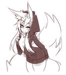  animal_humanoid bent_forward big_tail breasts canine clothed clothing female fluffy fluffy_tail fox fox_humanoid hair hood hoodie humanoid inner_ear_fluff long_hair looking_at_viewer mammal monochrome no_underwear simple_background sketch slit_pupils small_breasts smile solo standing sub-res suzu_(sub-res) teasing white_background 