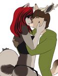  anthro antlers bourbon._(artist) canine cervine clothed clothing deer duo eyes_closed female fur hair horn kissing male male/female mammal 