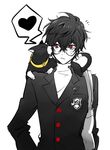  amamiya_ren black_hair buttons cat cheek_kiss curly_hair glasses heart heke kiss looking_at_another male_focus morgana_(persona_5) persona persona_5 school_uniform shuujin_academy_uniform simple_background spoken_heart sweatdrop turtleneck white_background 