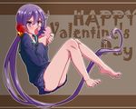  absurdly_long_hair akebono_(kantai_collection) bare_legs barefoot bell blush bow box flower from_side frown full_body gift gift_box hair_bell hair_flower hair_ornament happy_valentine heart heart-shaped_box heart_hair holding holding_gift jingle_bell kantai_collection long_hair looking_at_viewer miniskirt pleated_skirt purple_eyes purple_hair school_uniform serafuku side_ponytail skirt solo sweater thighs toes valentine very_long_hair yuki_to_hana 