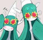  9999gpera ? ambiguous_gender blush celesteela cute duo eyewear green_eyes green_hair grey_background hair long_neck nintendo not_furry pok&eacute;mon simple_background smile speech_bubble sunglasses ultra_beast video_games 