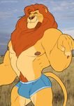  biceps body_hair bulge clothed clothing disney feline happy_trail kazushi lion male mammal mufasa nipples pecs serratus solo the_lion_king topless underwear 